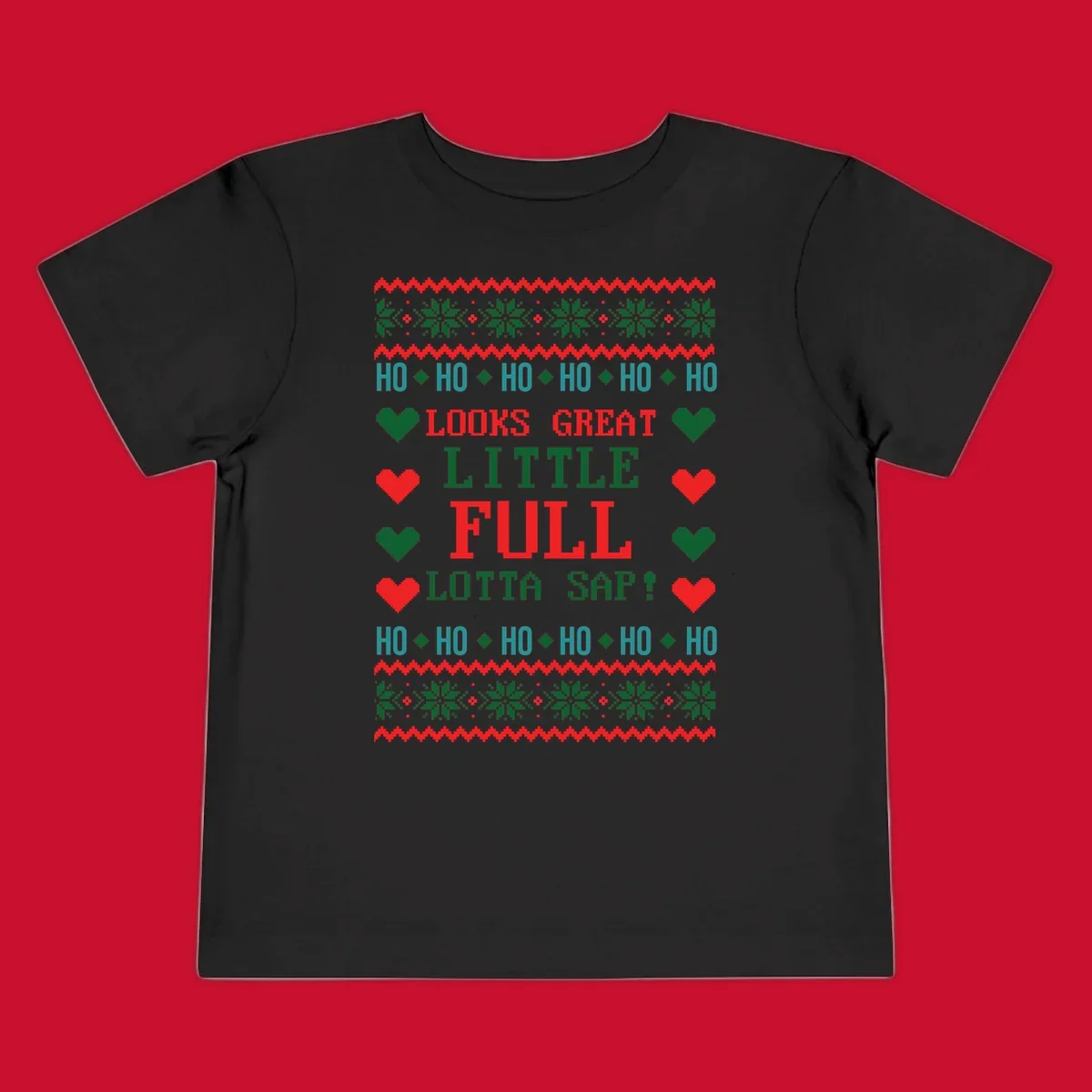 Pixelated ugly Christmas sweater design with 'Ho Ho Ho Lotta Sap!' text and holiday graphics.