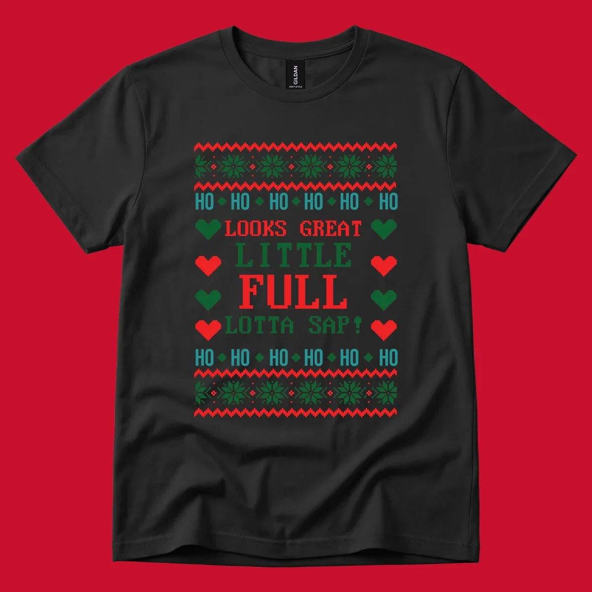 Pixelated ugly Christmas sweater design with 'Ho Ho Ho Lotta Sap!' text and holiday graphics.