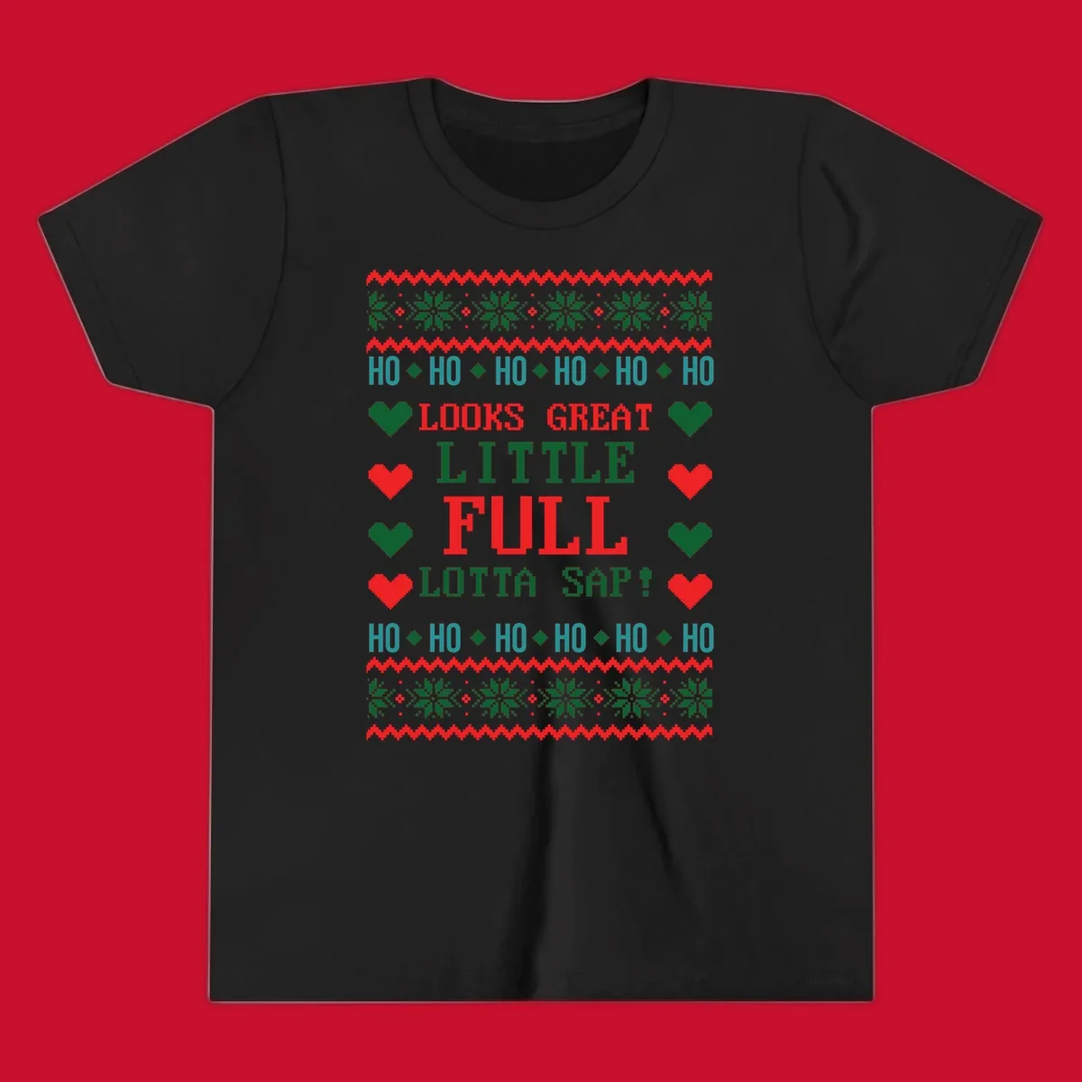 Pixelated ugly Christmas sweater design with 'Ho Ho Ho Lotta Sap!' text and holiday graphics.