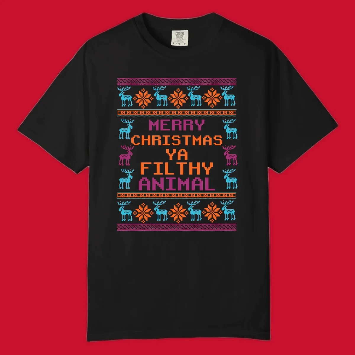 Filthy animal christmas pixel art design with reindeer and snowflakes.