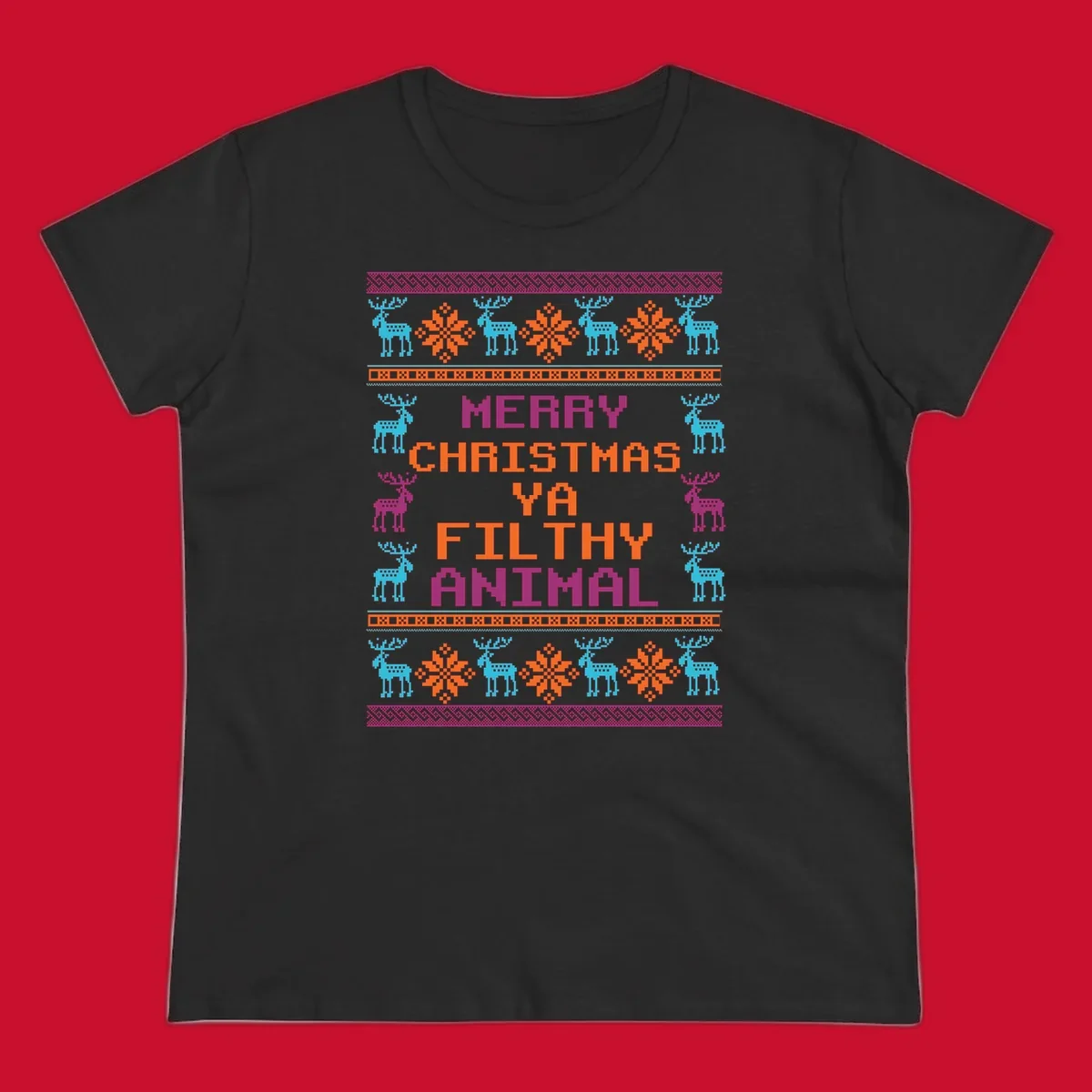 Filthy animal christmas pixel art design with reindeer and snowflakes.