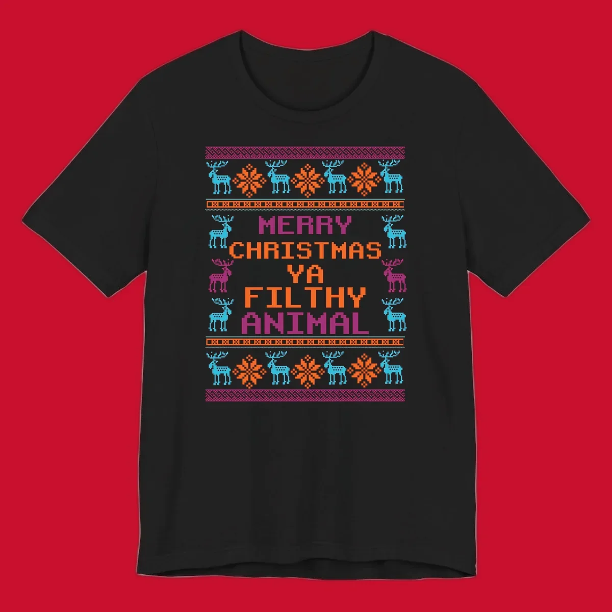 Filthy animal christmas pixel art design with reindeer and snowflakes.
