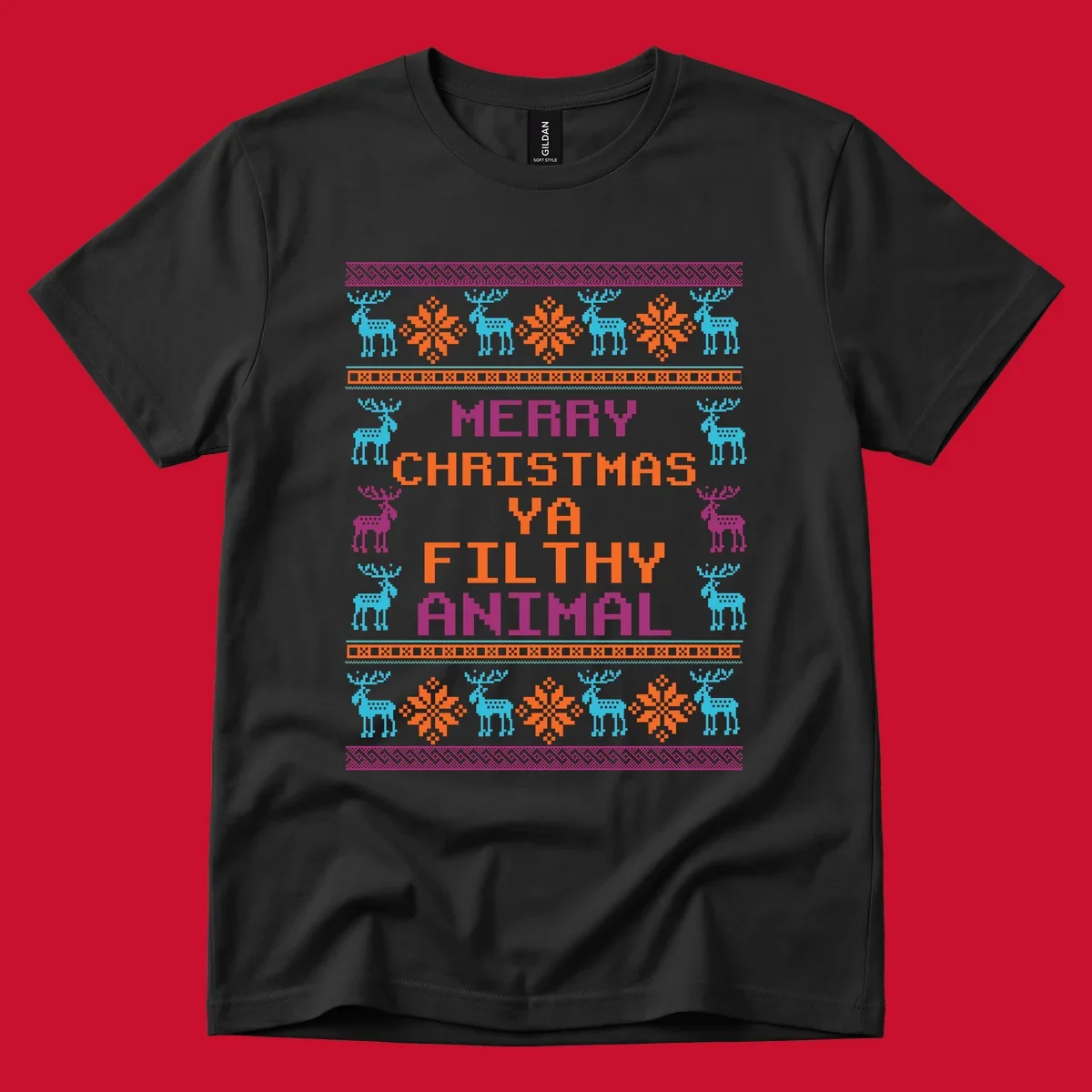 Filthy animal christmas pixel art design with reindeer and snowflakes.