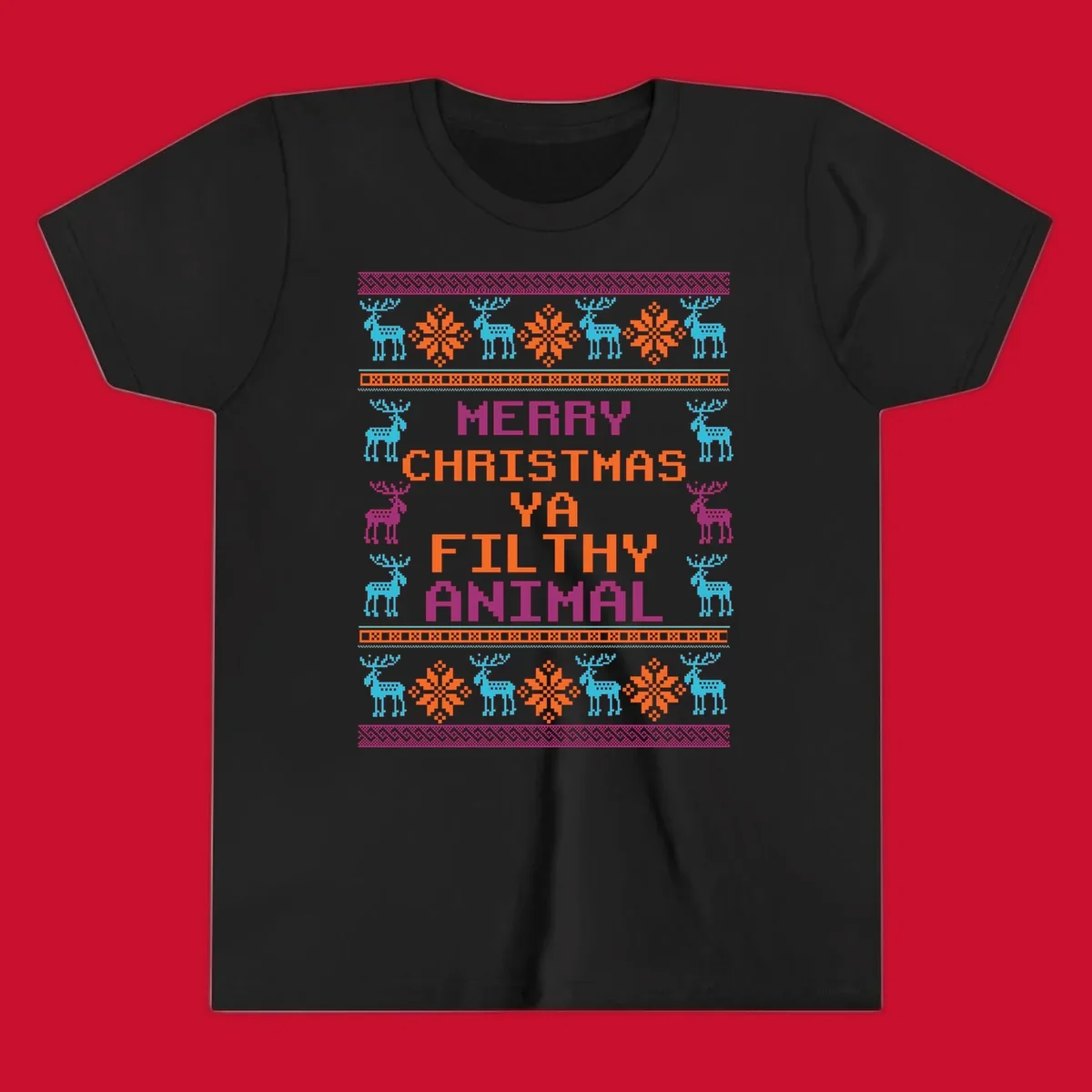 Filthy animal christmas pixel art design with reindeer and snowflakes.