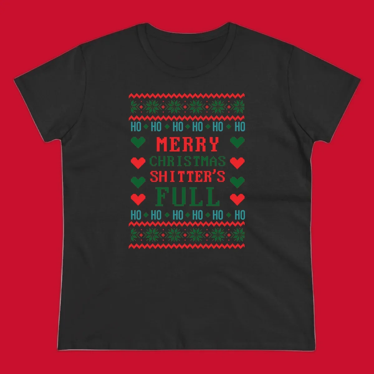 Pixelated text and holiday elements in a Merry Christmas Shitter's Full design.