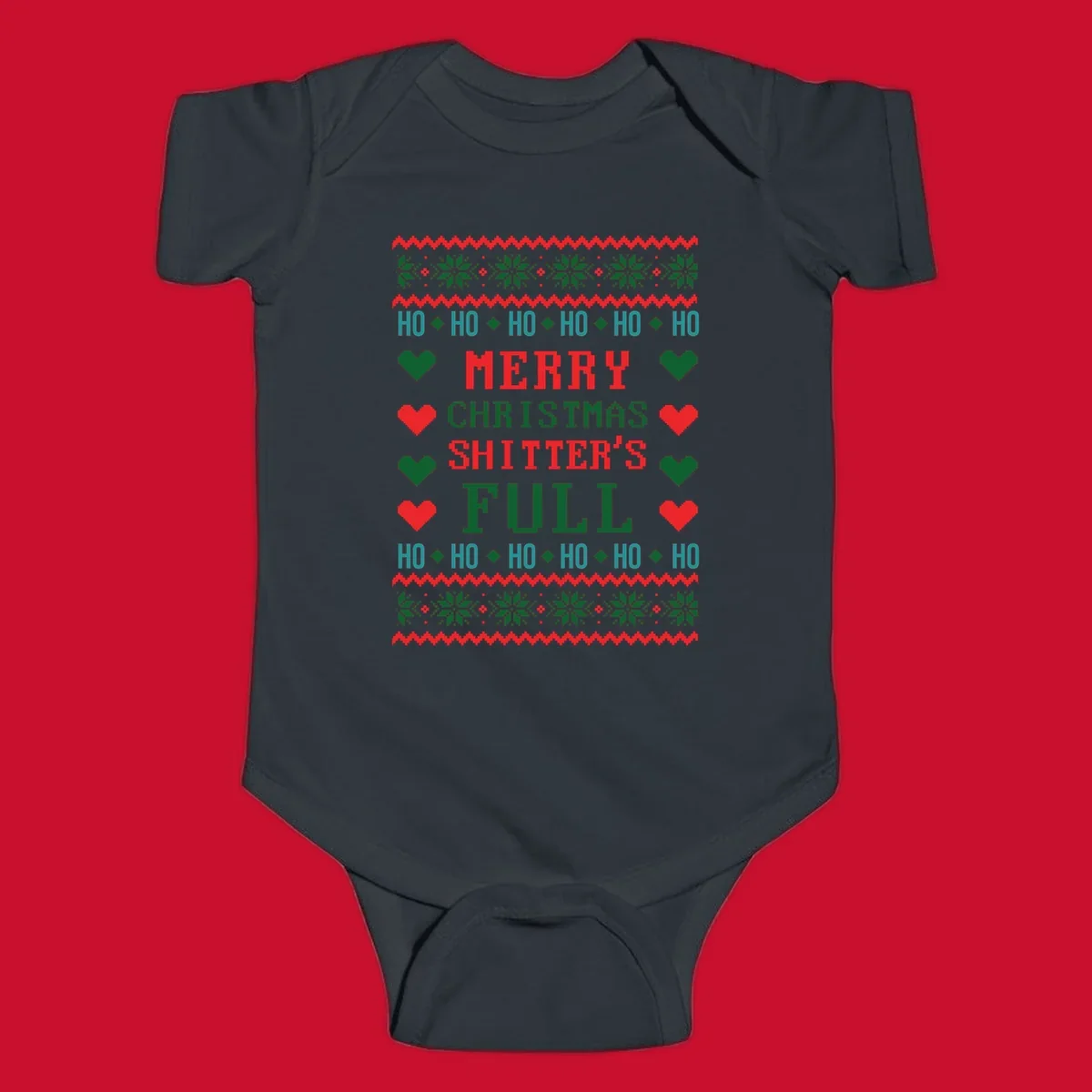 Pixelated text and holiday elements in a Merry Christmas Shitter's Full design.