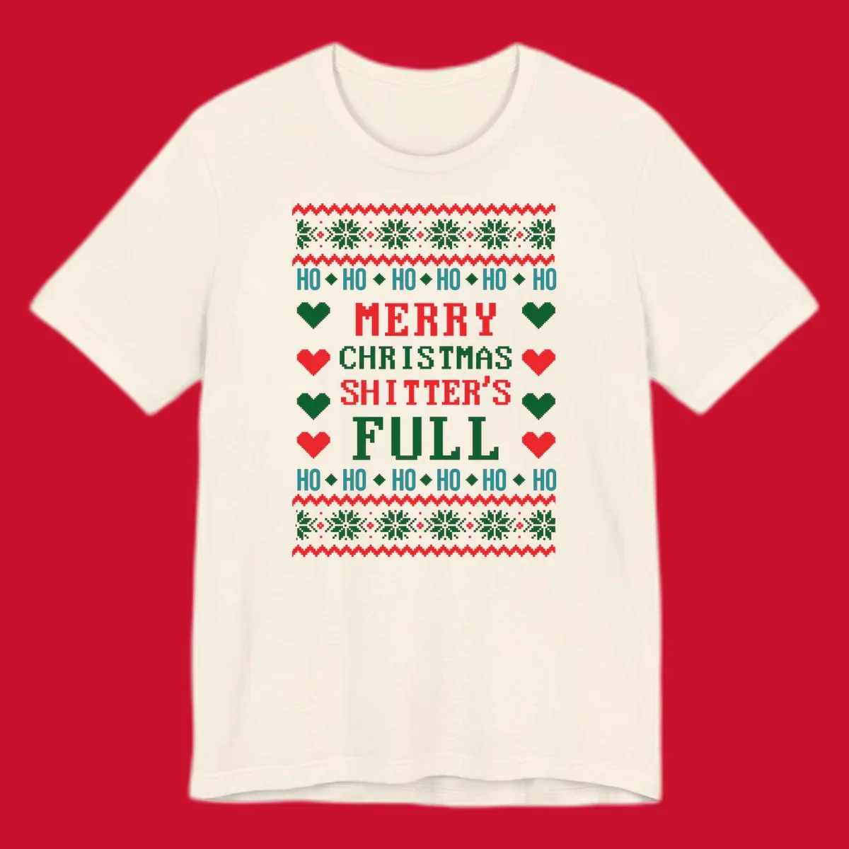 Pixelated text and holiday elements in a Merry Christmas Shitter's Full design.