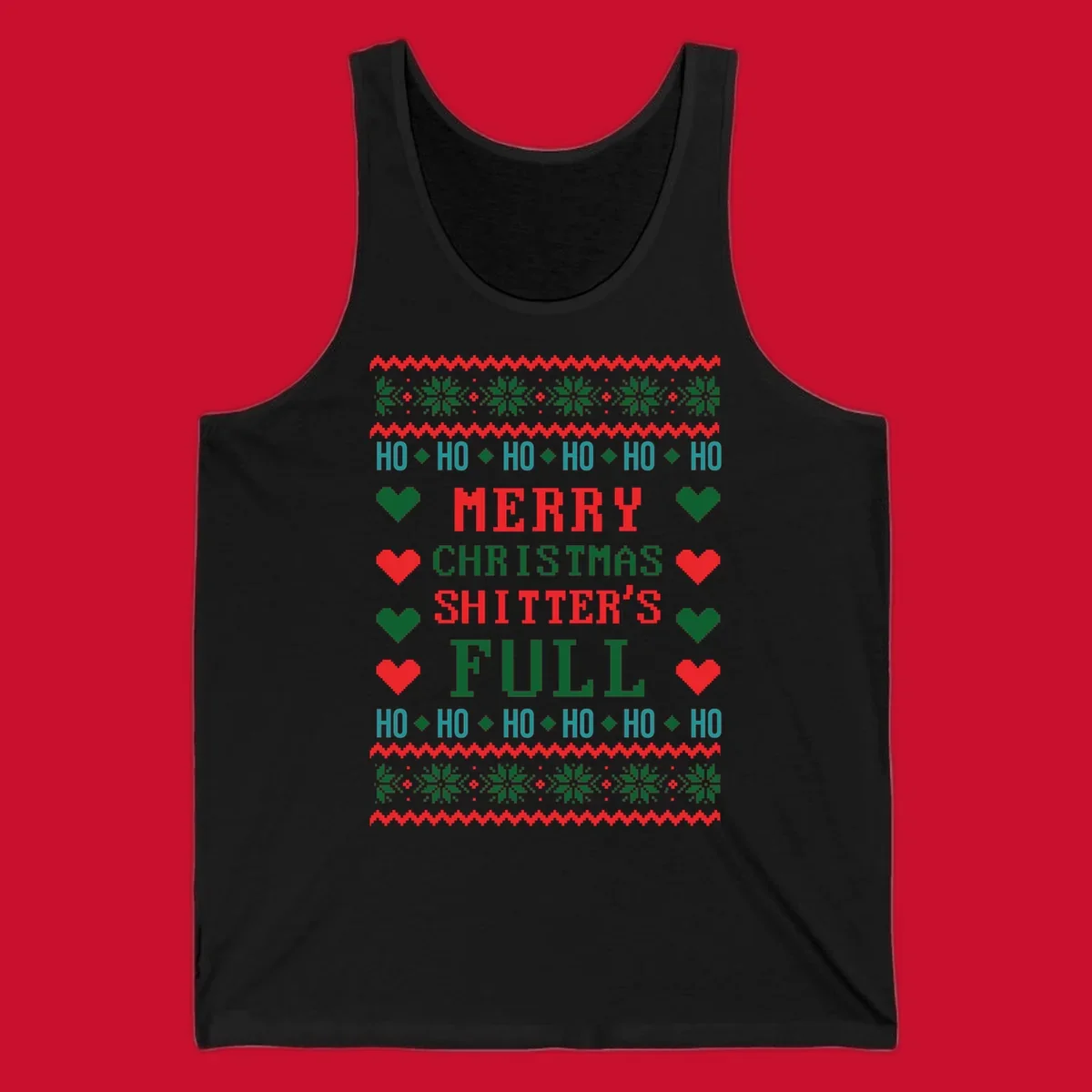 Pixelated text and holiday elements in a Merry Christmas Shitter's Full design.