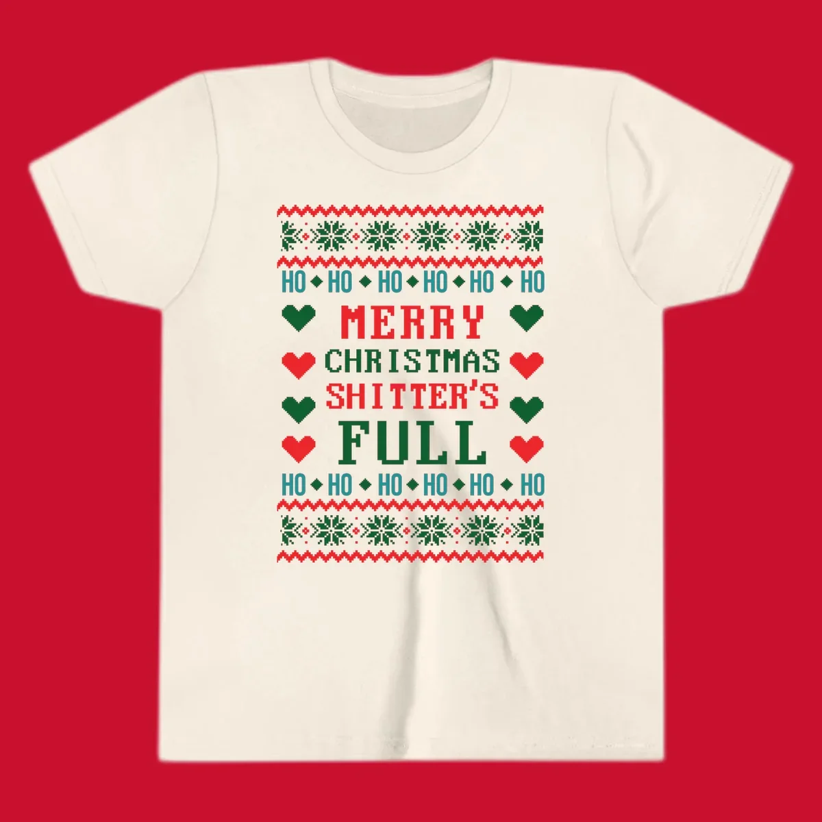 Pixelated text and holiday elements in a Merry Christmas Shitter's Full design.