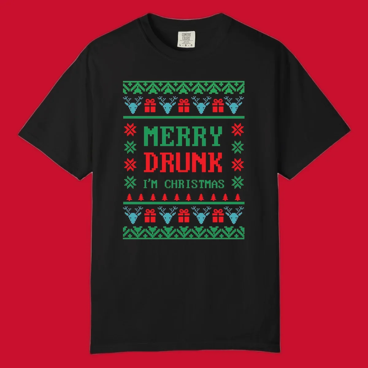 Merry Drunk I'm Christmas ugly sweater design with reindeer, gifts, and trees.