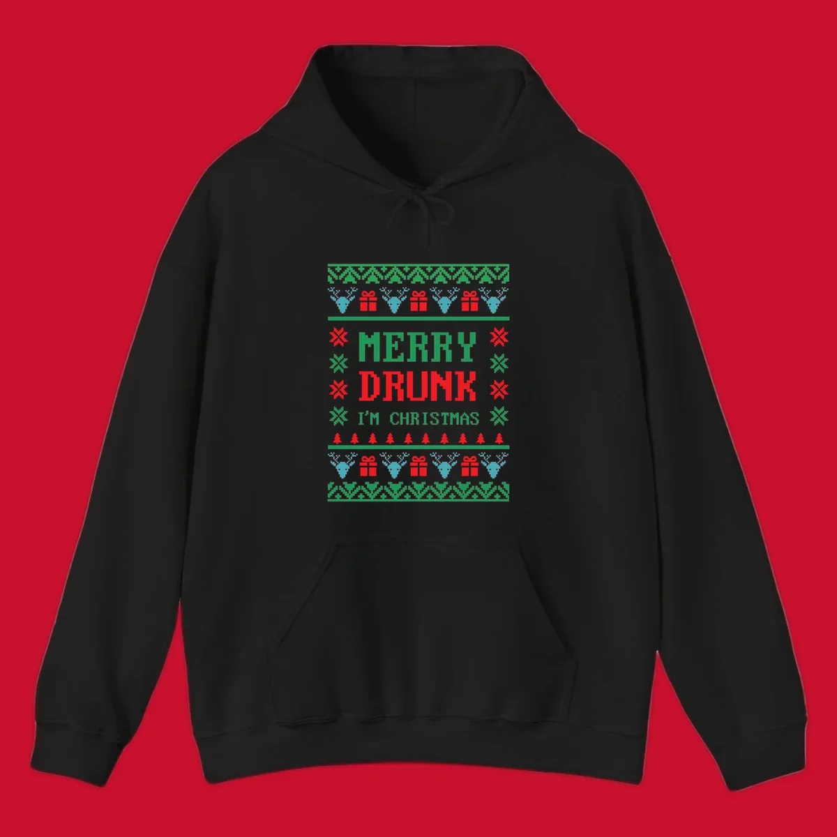 Merry Drunk I'm Christmas ugly sweater design with reindeer, gifts, and trees.