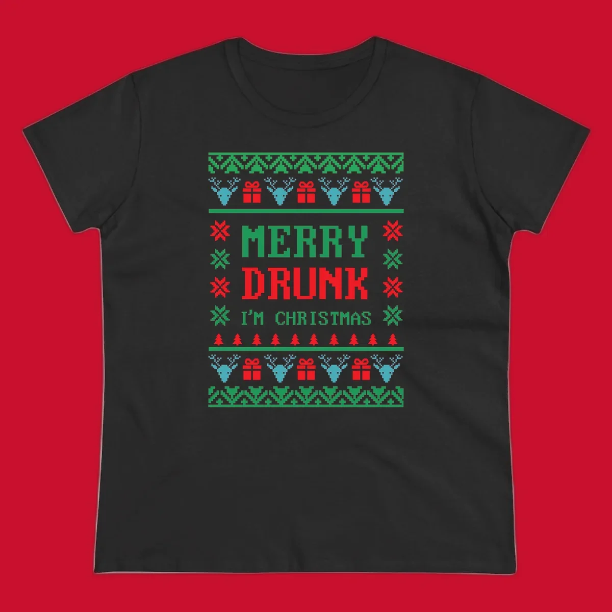 Merry Drunk I'm Christmas ugly sweater design with reindeer, gifts, and trees.
