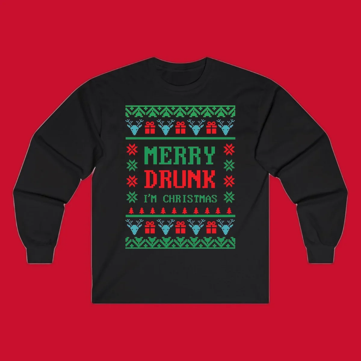 Merry Drunk I'm Christmas ugly sweater design with reindeer, gifts, and trees.