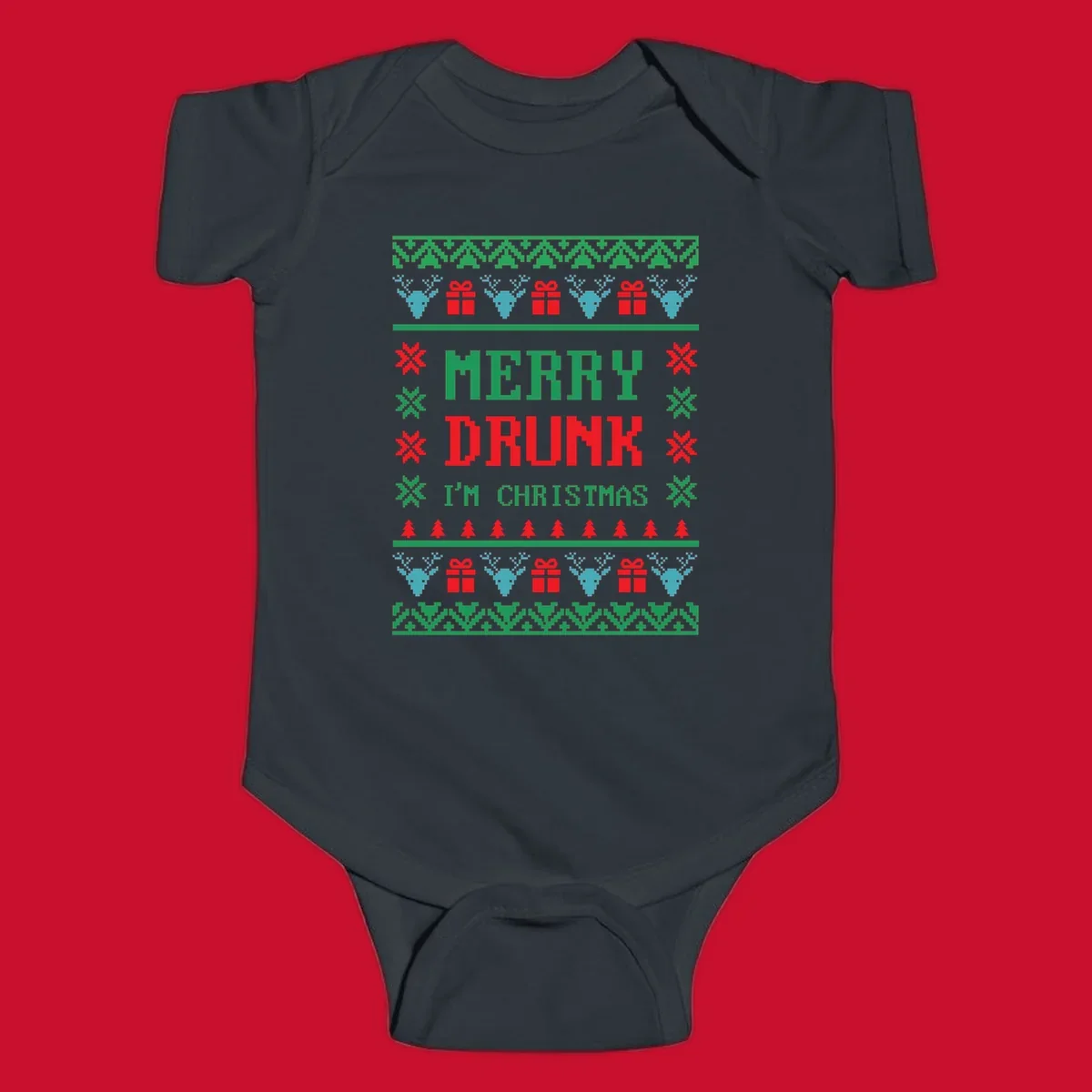 Merry Drunk I'm Christmas ugly sweater design with reindeer, gifts, and trees.