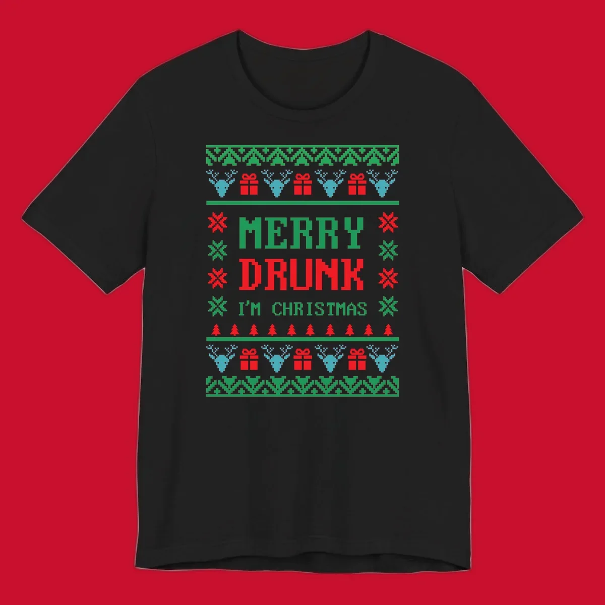 Merry Drunk I'm Christmas ugly sweater design with reindeer, gifts, and trees.
