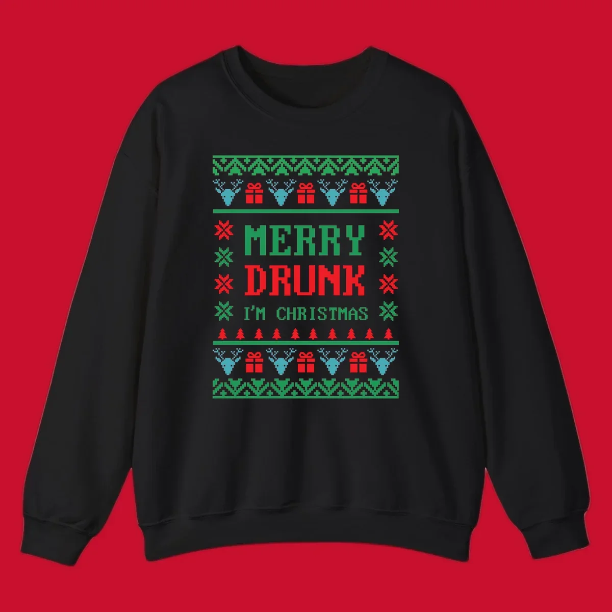 Merry Drunk I'm Christmas ugly sweater design with reindeer, gifts, and trees.