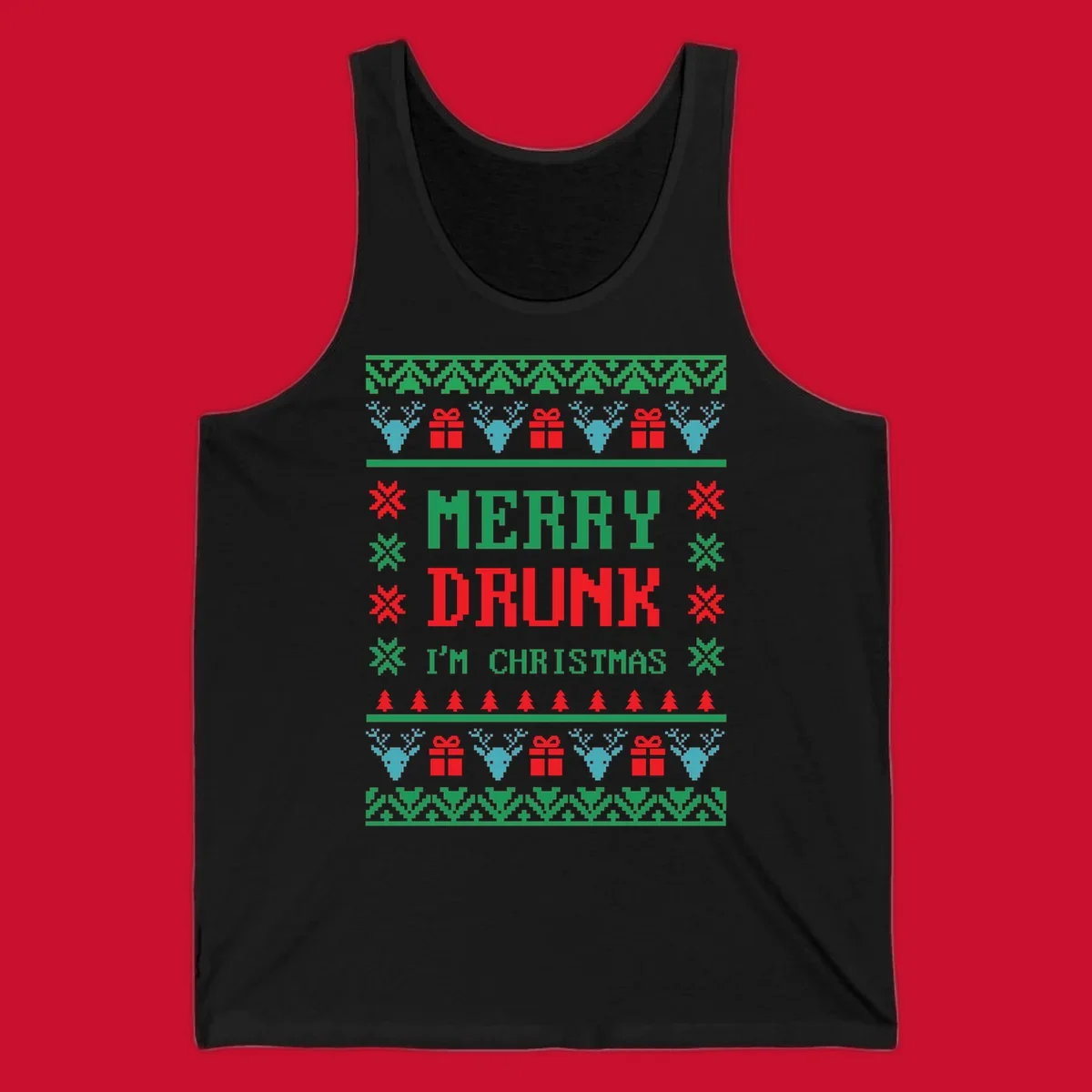Merry Drunk I'm Christmas ugly sweater design with reindeer, gifts, and trees.