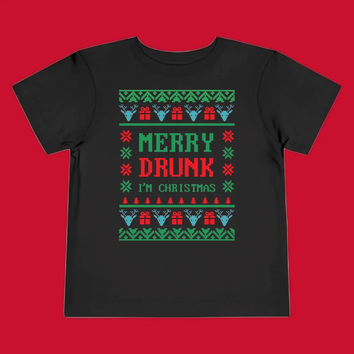 Merry Drunk I'm Christmas ugly sweater design with reindeer, gifts, and trees.