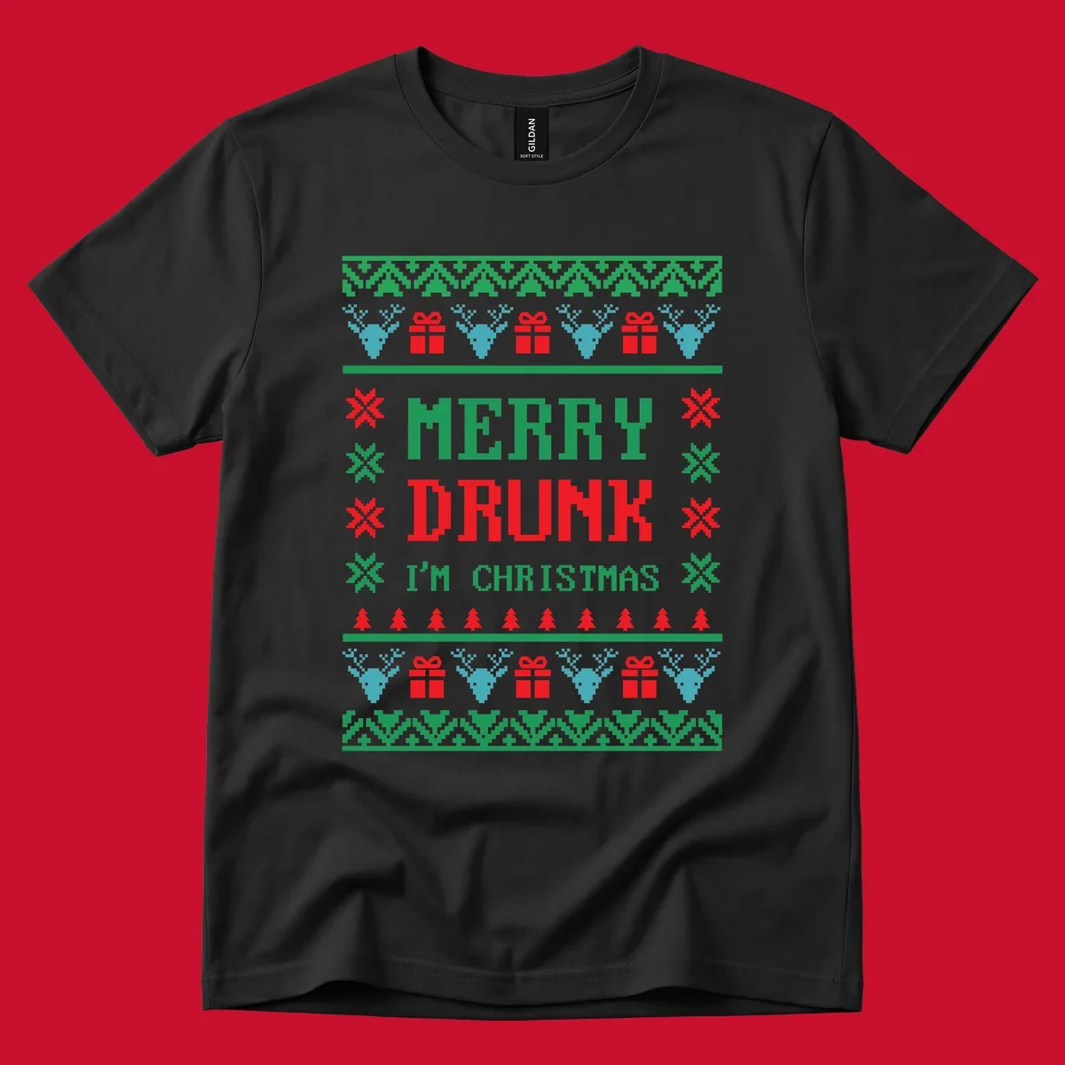 Merry Drunk I'm Christmas ugly sweater design with reindeer, gifts, and trees.