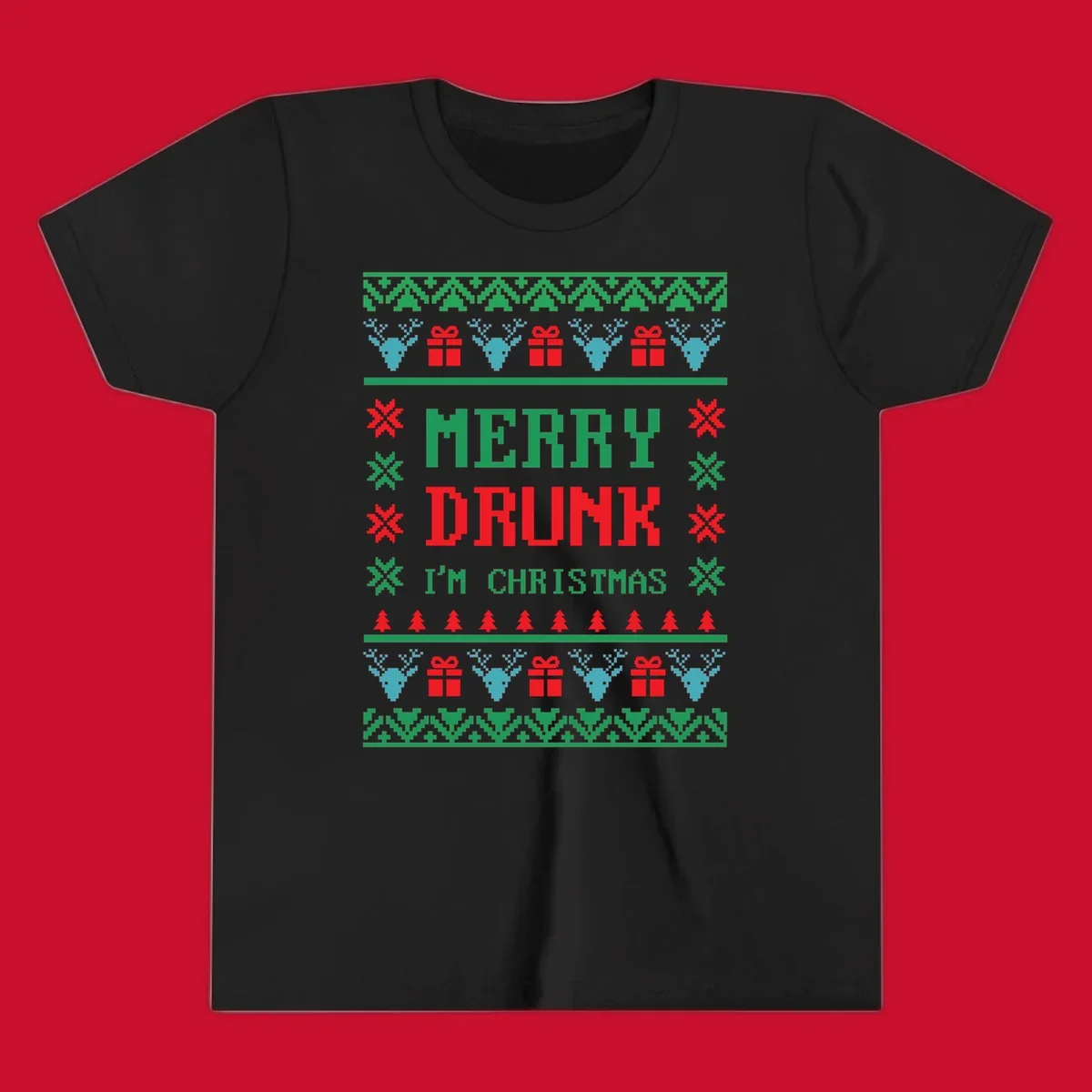 Merry Drunk I'm Christmas ugly sweater design with reindeer, gifts, and trees.