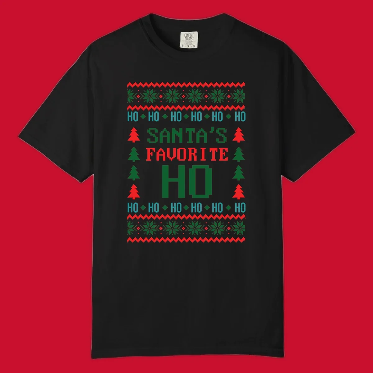 Santa's favorite ho ugly christmas design with pixelated text and holiday elements.