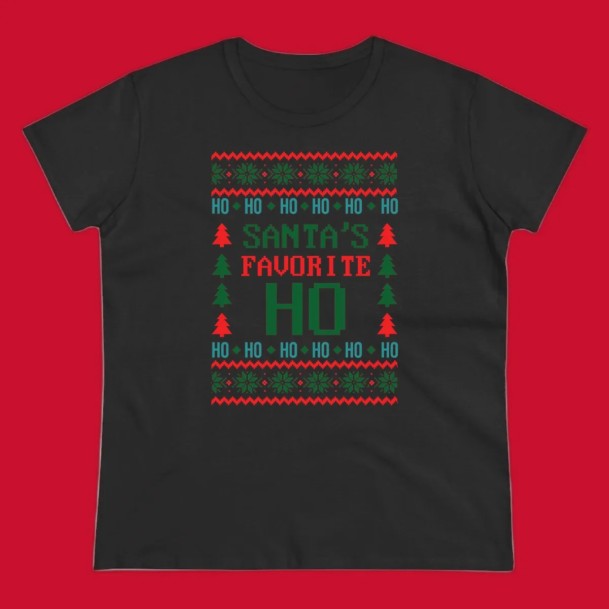 Santa's favorite ho ugly christmas design with pixelated text and holiday elements.