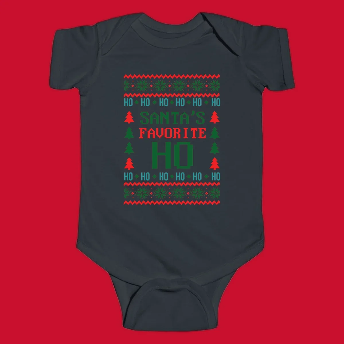 Santa's favorite ho ugly christmas design with pixelated text and holiday elements.
