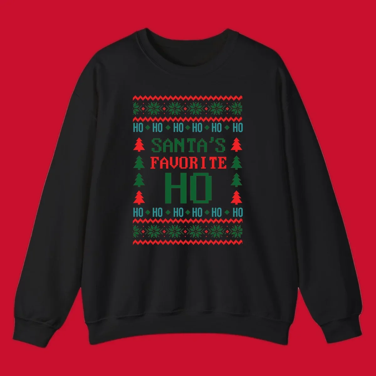 Santa's favorite ho ugly christmas design with pixelated text and holiday elements.