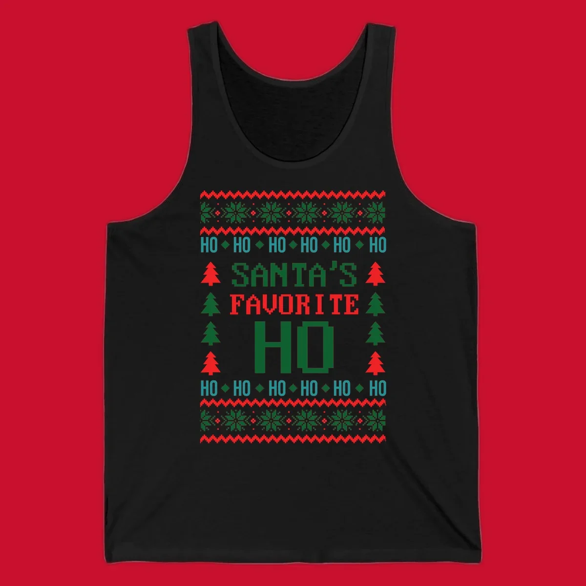 Santa's favorite ho ugly christmas design with pixelated text and holiday elements.