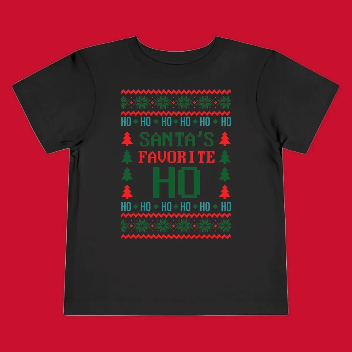 Santa's favorite ho ugly christmas design with pixelated text and holiday elements.
