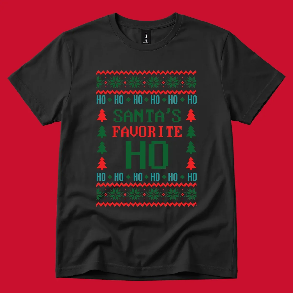 Santa's favorite ho ugly christmas design with pixelated text and holiday elements.