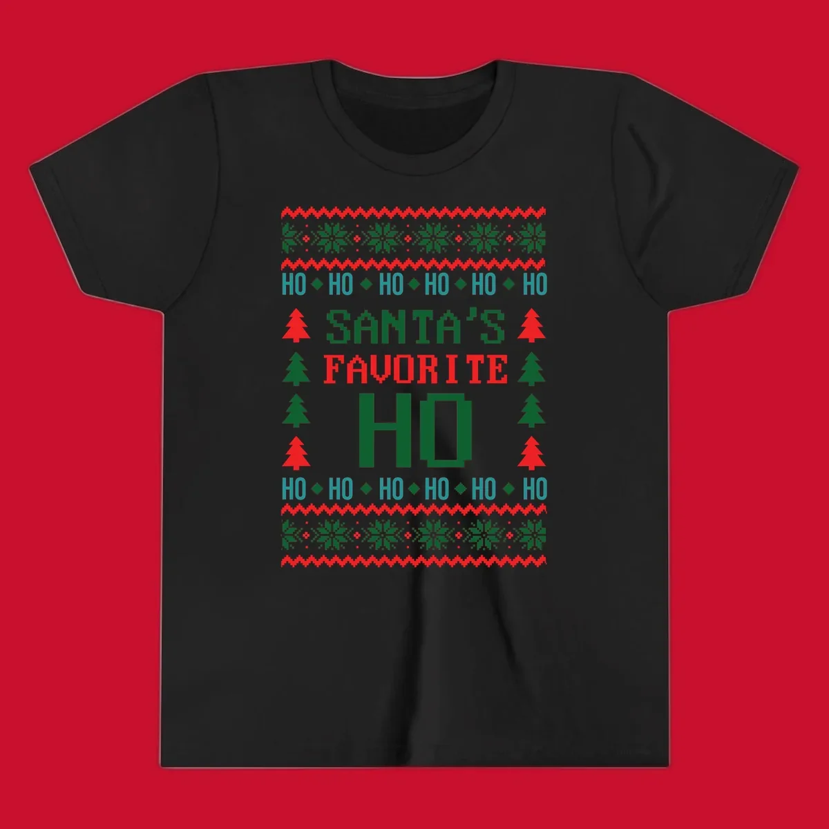Santa's favorite ho ugly christmas design with pixelated text and holiday elements.
