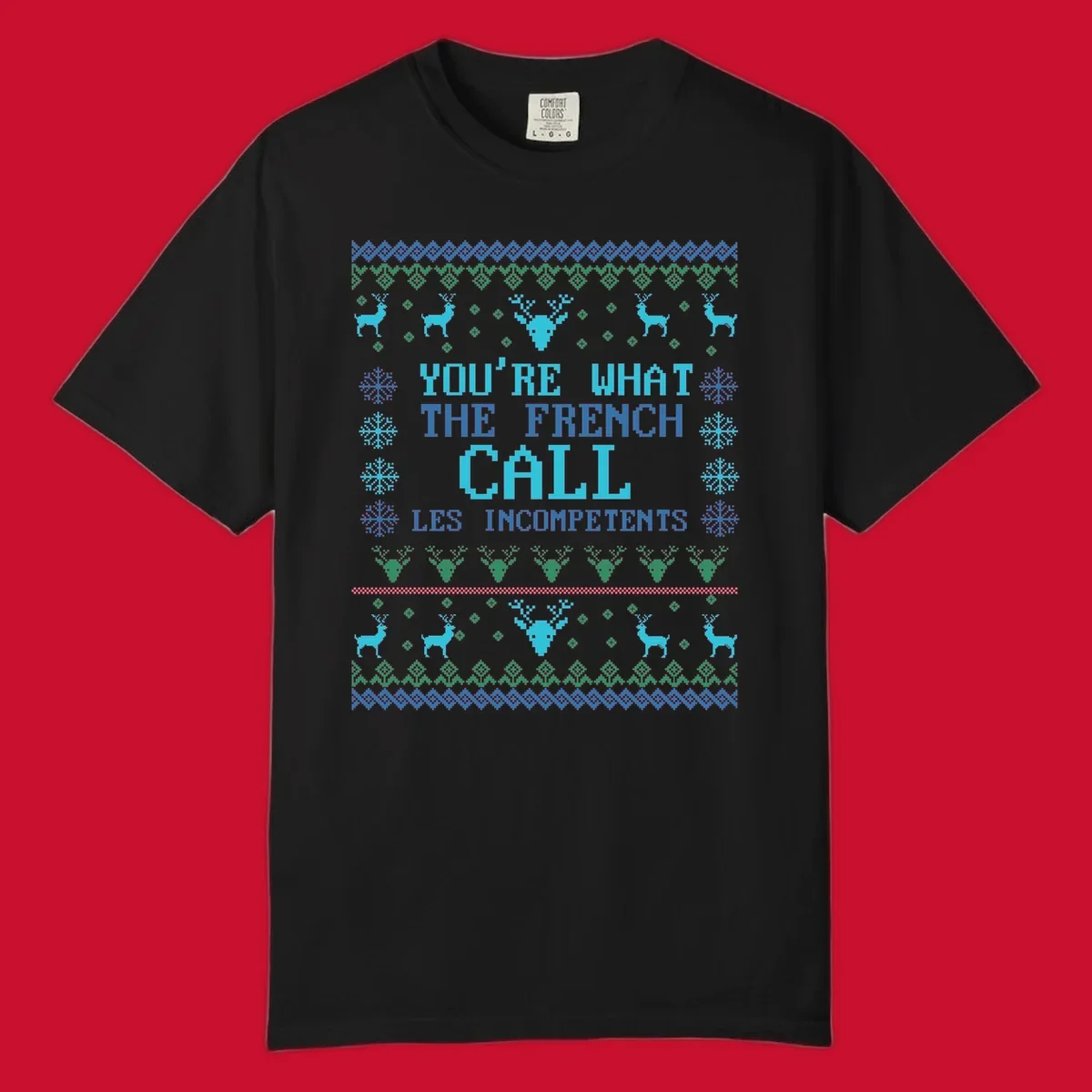 French Call Les Incompetents Ugly Christmas Sweater design with reindeer and snowflakes.