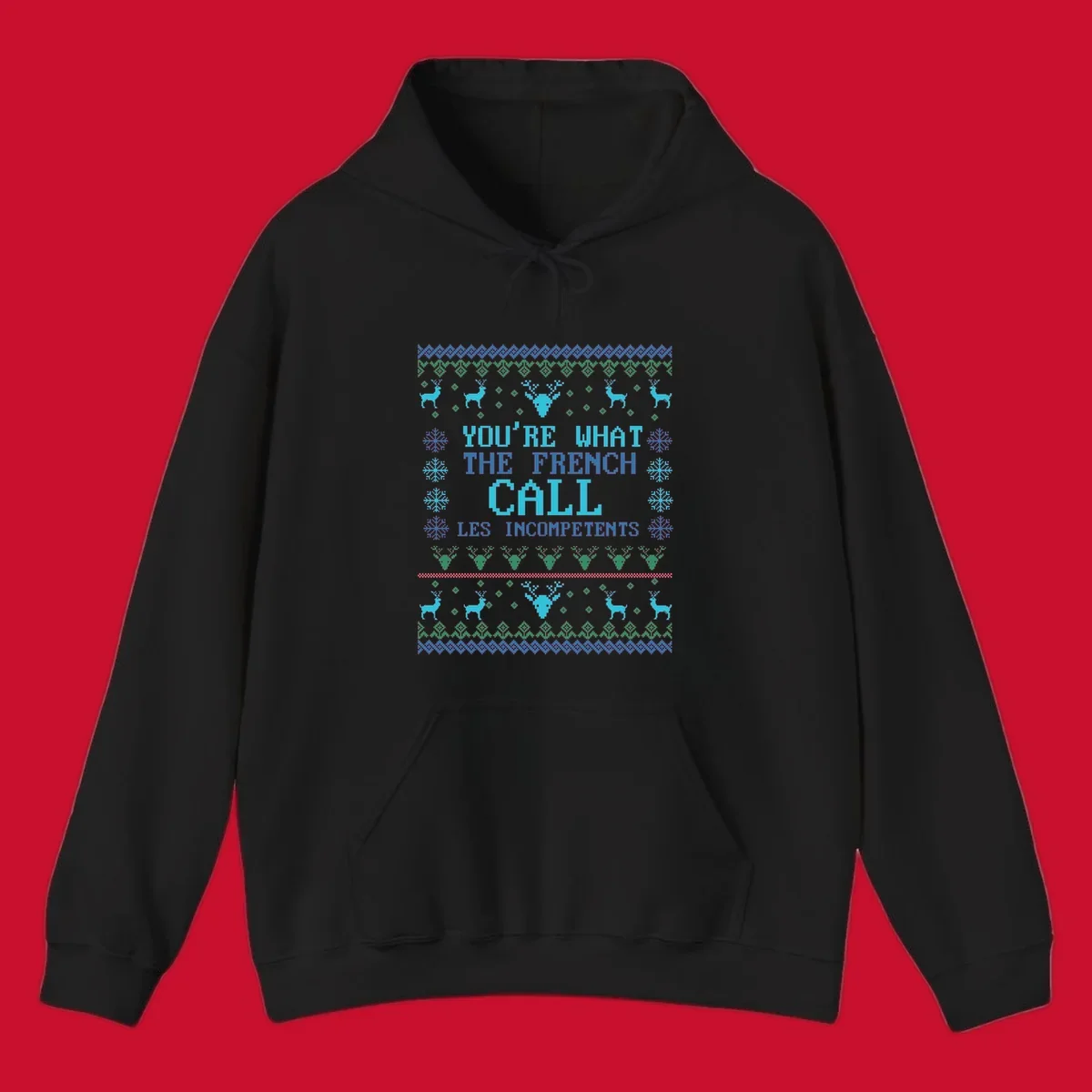 French Call Les Incompetents Ugly Christmas Sweater design with reindeer and snowflakes.