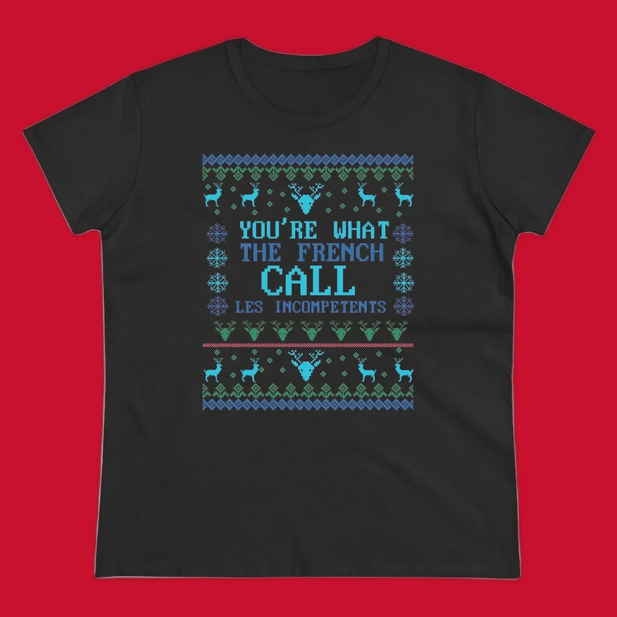 French Call Les Incompetents Ugly Christmas Sweater design with reindeer and snowflakes.