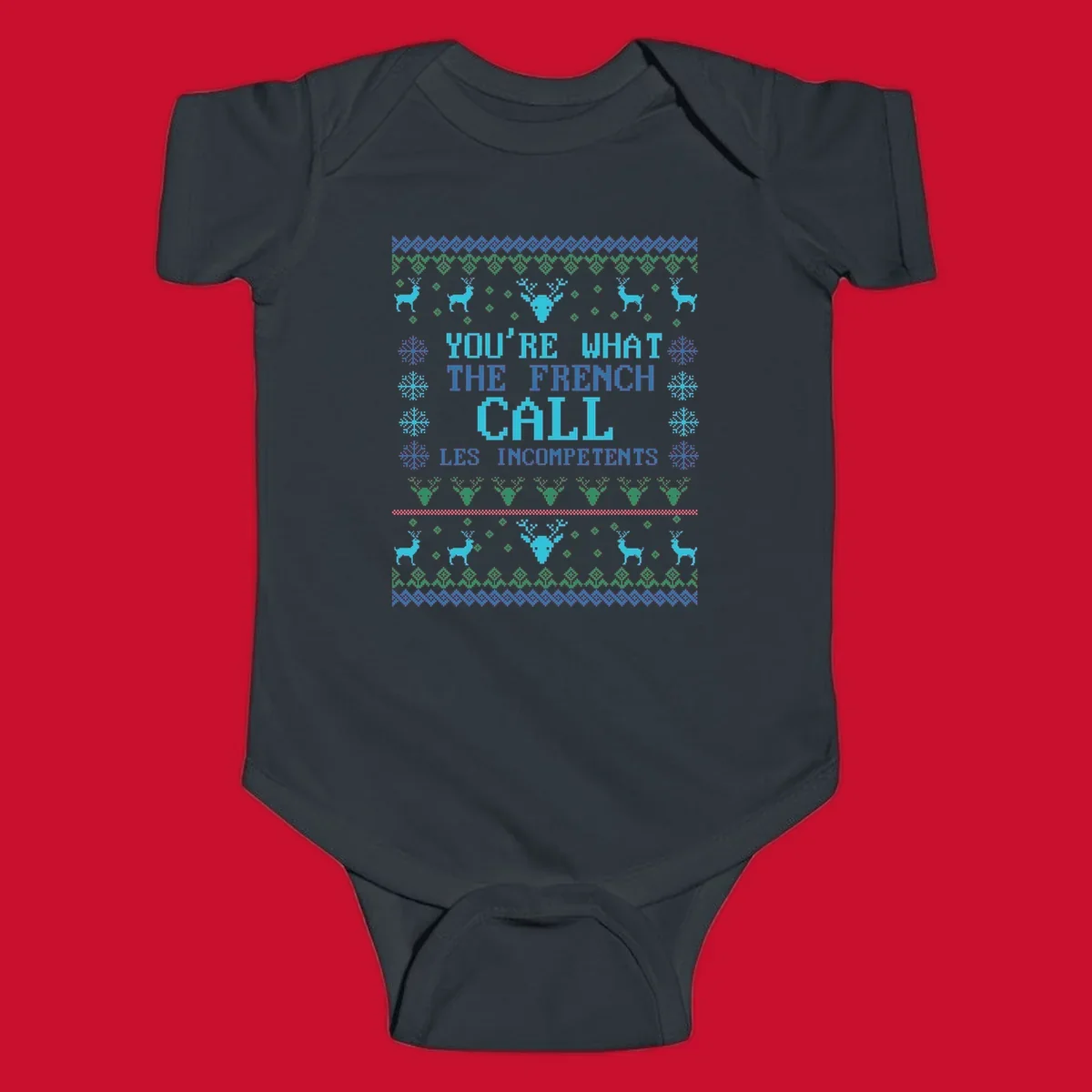 French Call Les Incompetents Ugly Christmas Sweater design with reindeer and snowflakes.