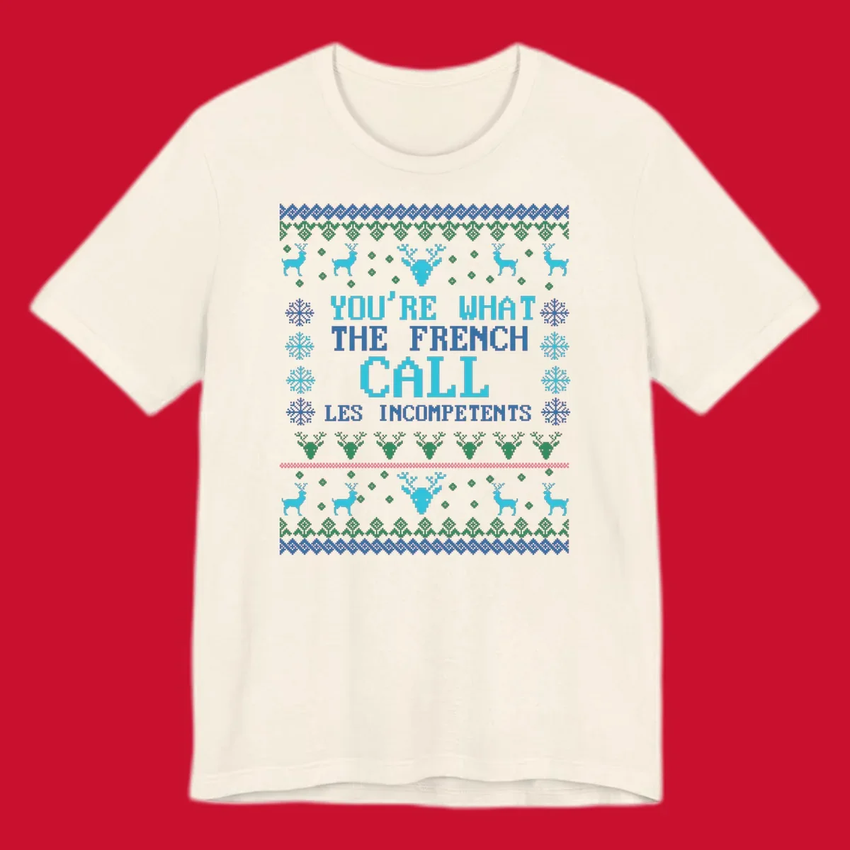 French Call Les Incompetents Ugly Christmas Sweater design with reindeer and snowflakes.