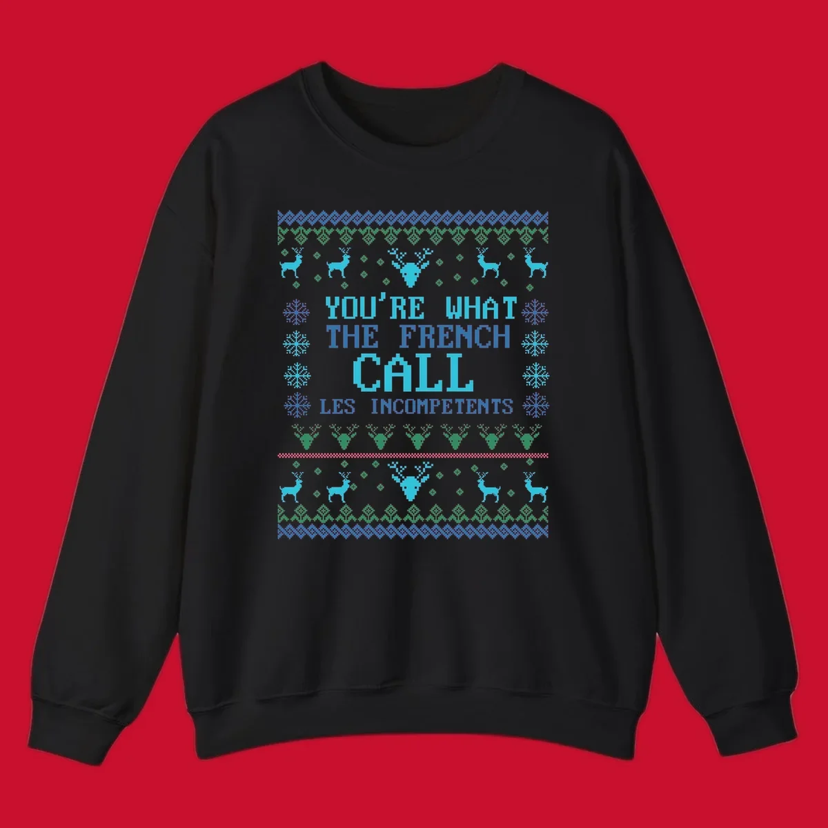 French Call Les Incompetents Ugly Christmas Sweater design with reindeer and snowflakes.
