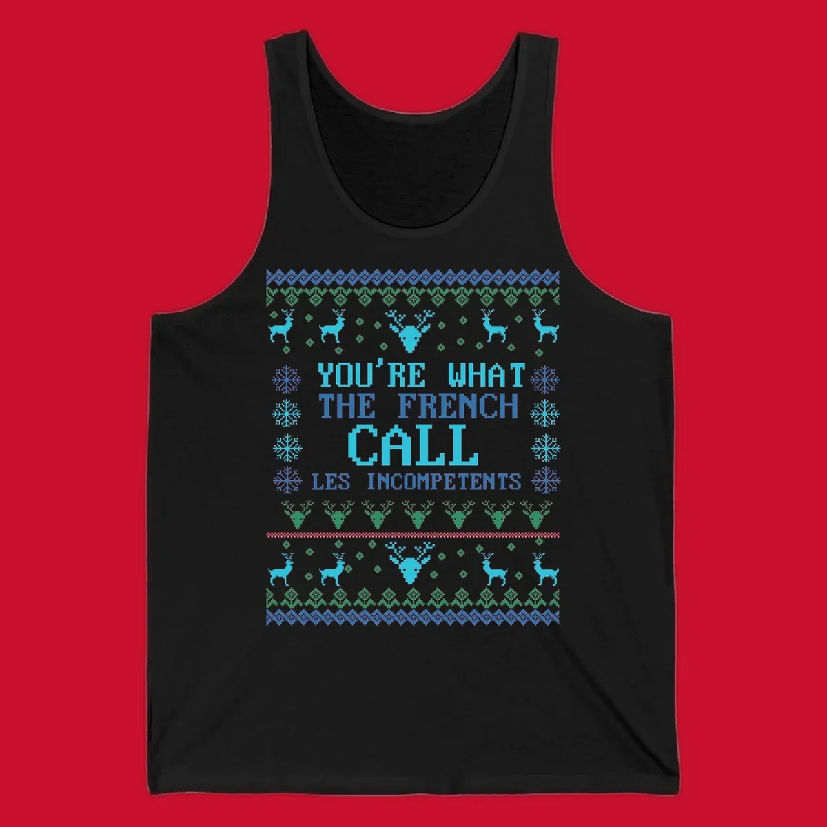 French Call Les Incompetents Ugly Christmas Sweater design with reindeer and snowflakes.