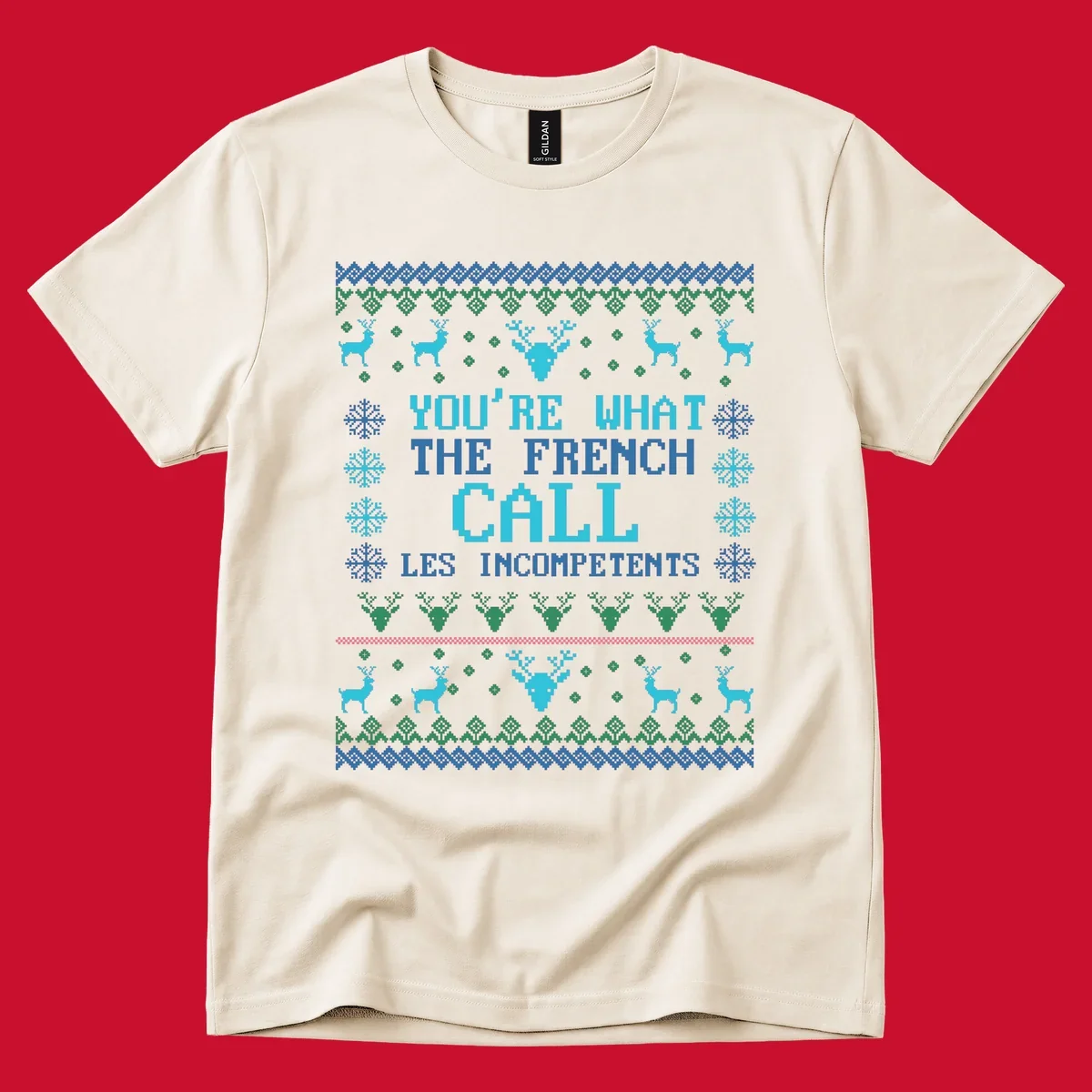 French Call Les Incompetents Ugly Christmas Sweater design with reindeer and snowflakes.