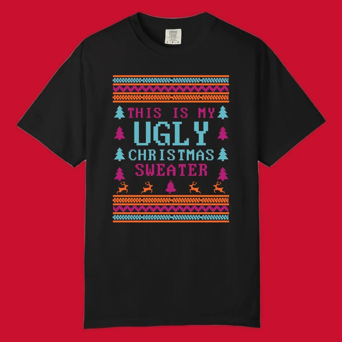 Ugly Christmas Sweater text design with pixel art trees, reindeer, and bell.