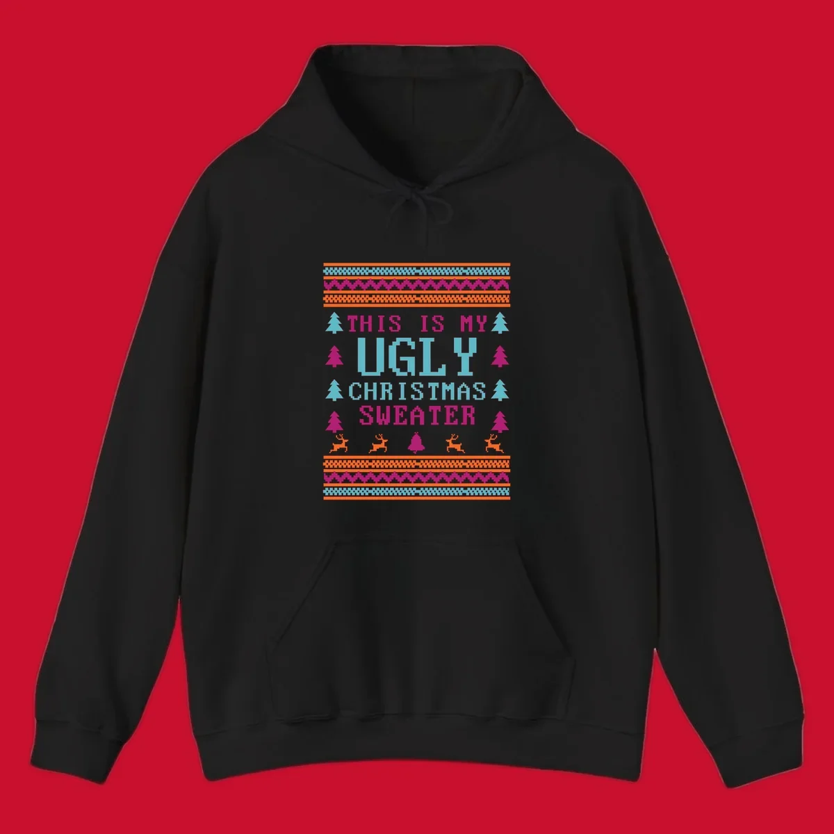Ugly Christmas Sweater text design with pixel art trees, reindeer, and bell.