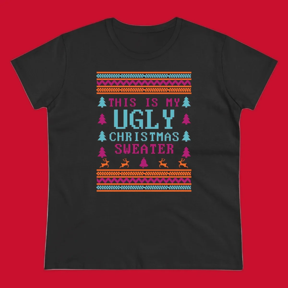 Ugly Christmas Sweater text design with pixel art trees, reindeer, and bell.
