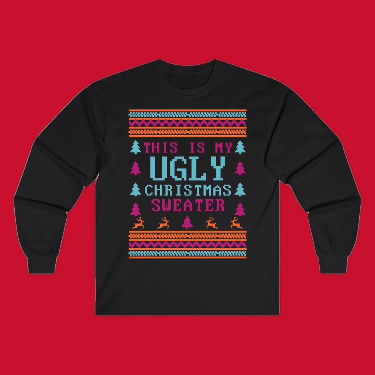 Ugly Christmas Sweater text design with pixel art trees, reindeer, and bell.