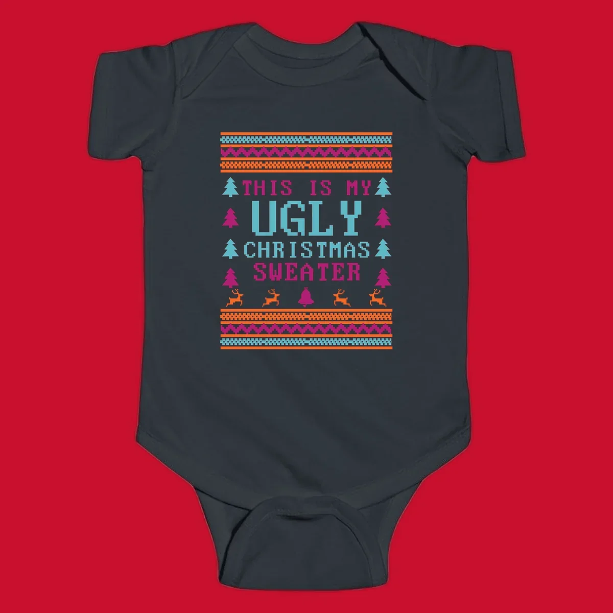 Ugly Christmas Sweater text design with pixel art trees, reindeer, and bell.