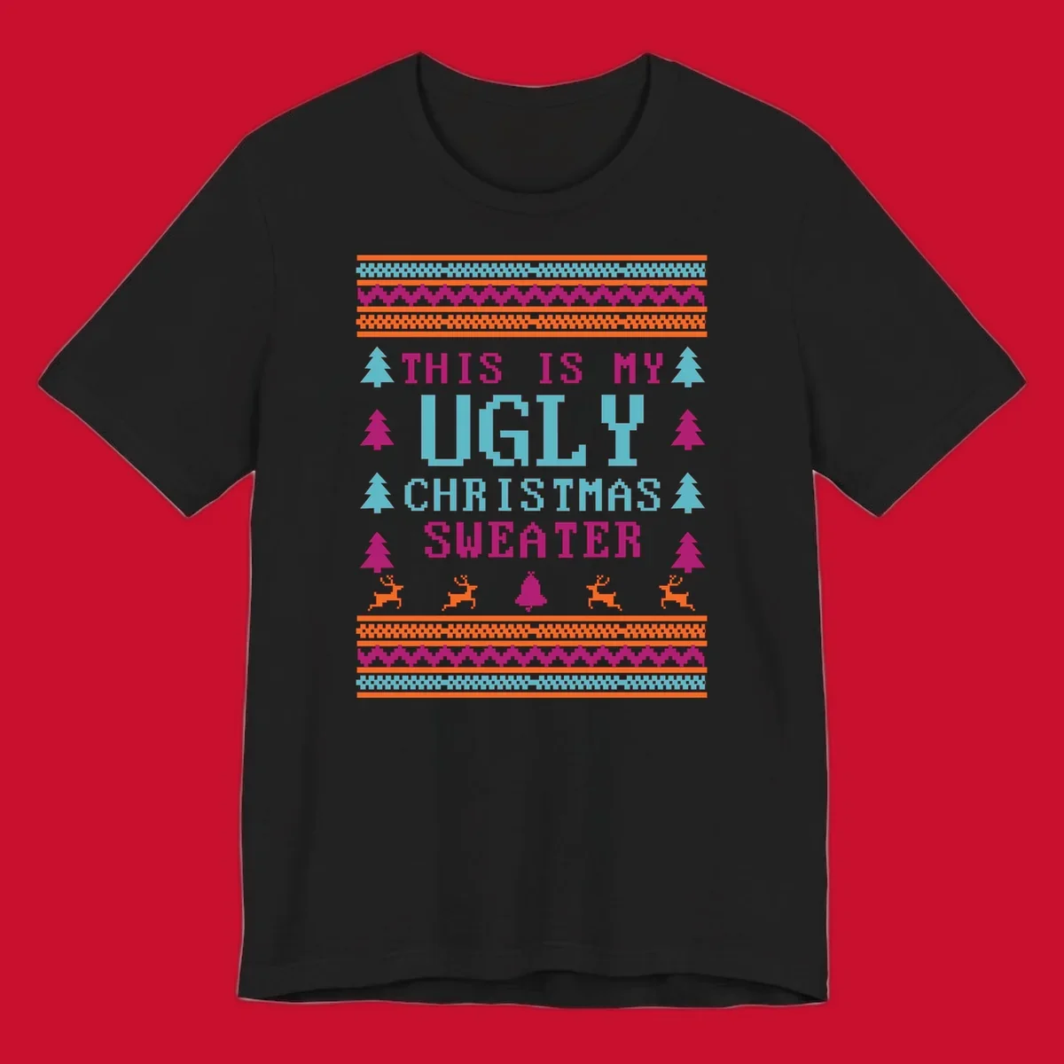 Ugly Christmas Sweater text design with pixel art trees, reindeer, and bell.