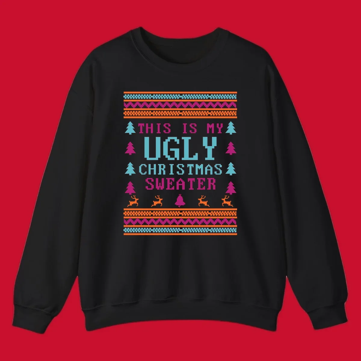Ugly Christmas Sweater text design with pixel art trees, reindeer, and bell.