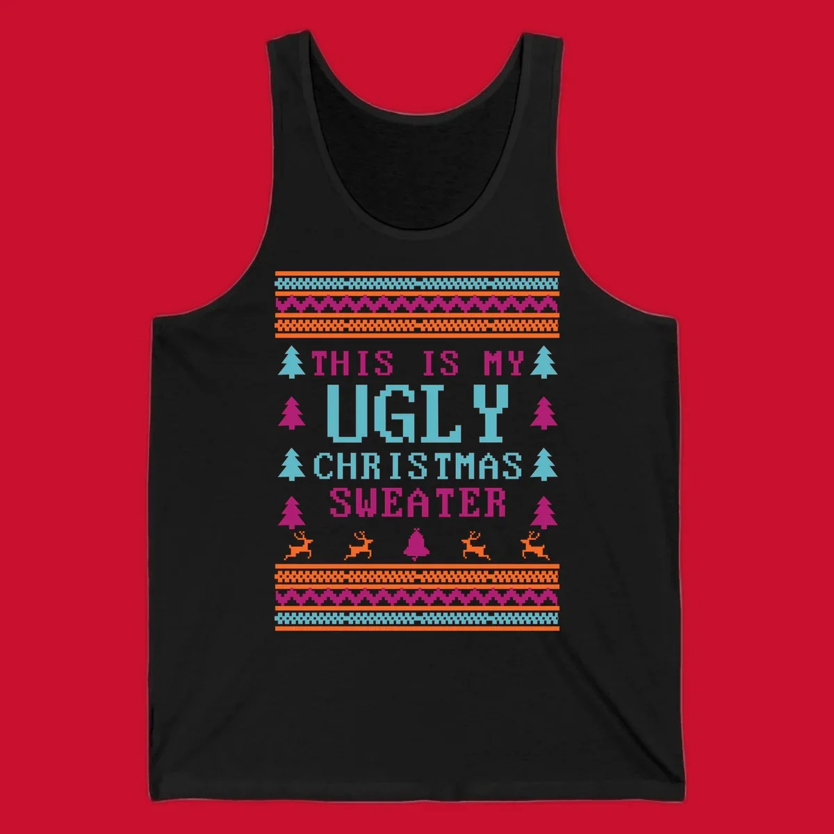 Ugly Christmas Sweater text design with pixel art trees, reindeer, and bell.