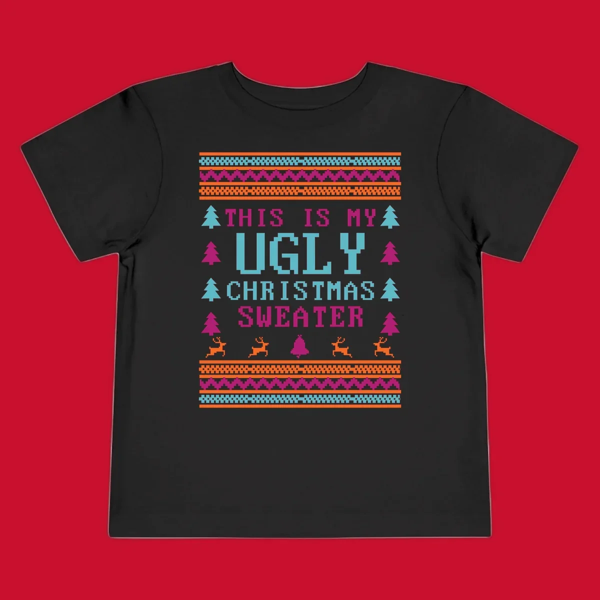Ugly Christmas Sweater text design with pixel art trees, reindeer, and bell.