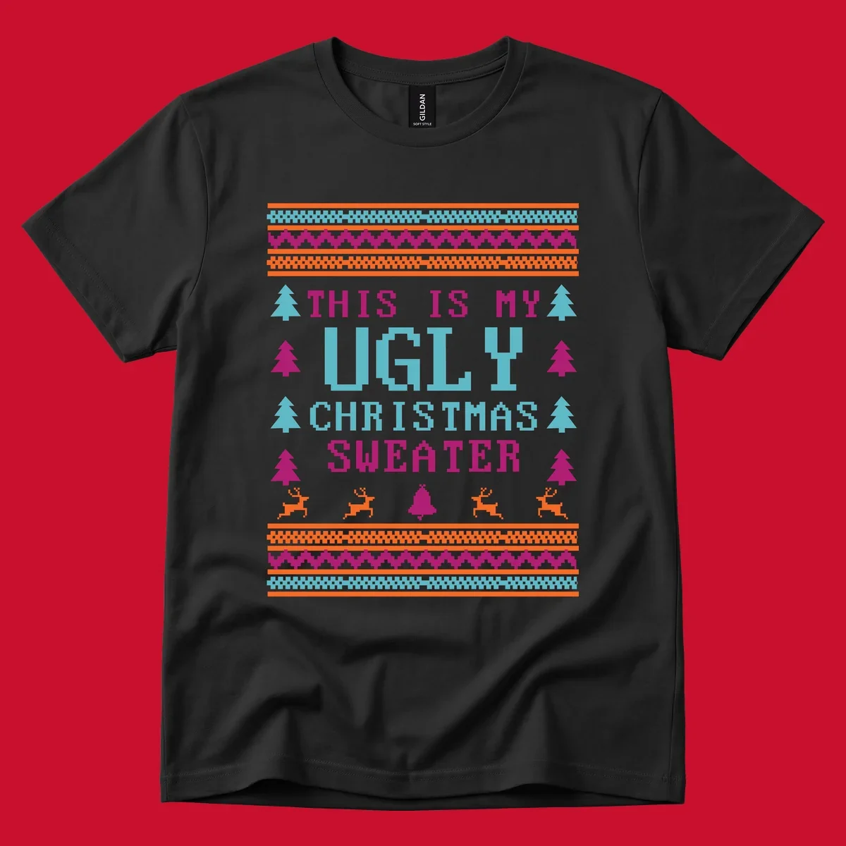Ugly Christmas Sweater text design with pixel art trees, reindeer, and bell.